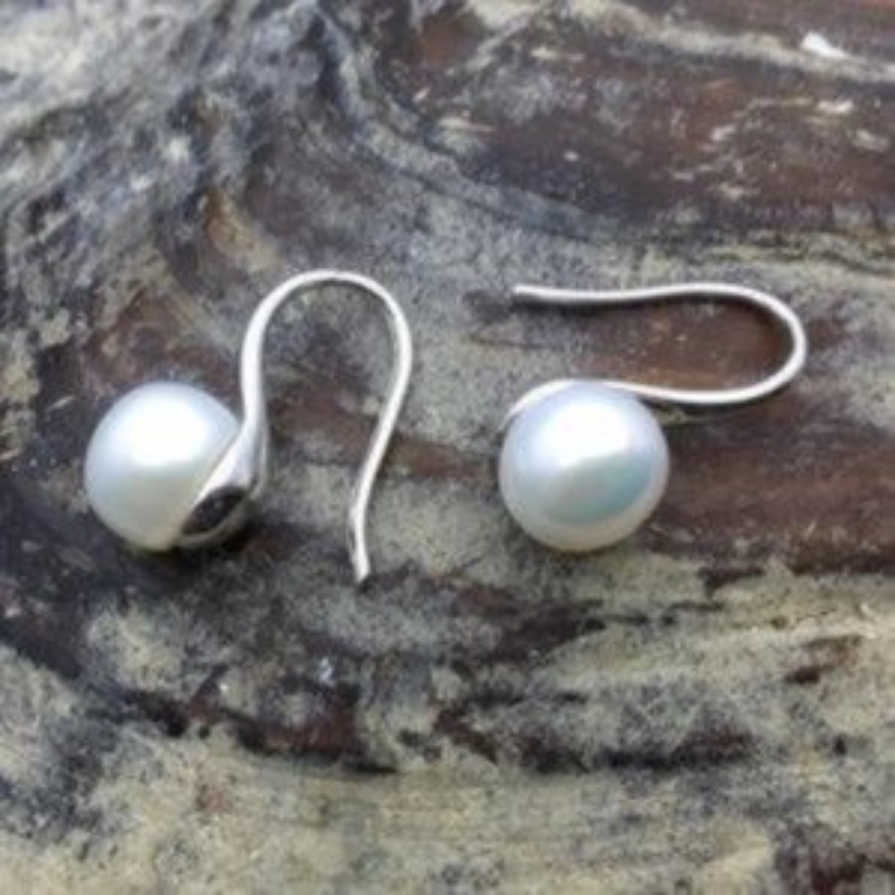 Genuine Pearl 925 Sterling Silver Shoe Cup Drop Earrings Bridal Coquette - Picture 6 of 7